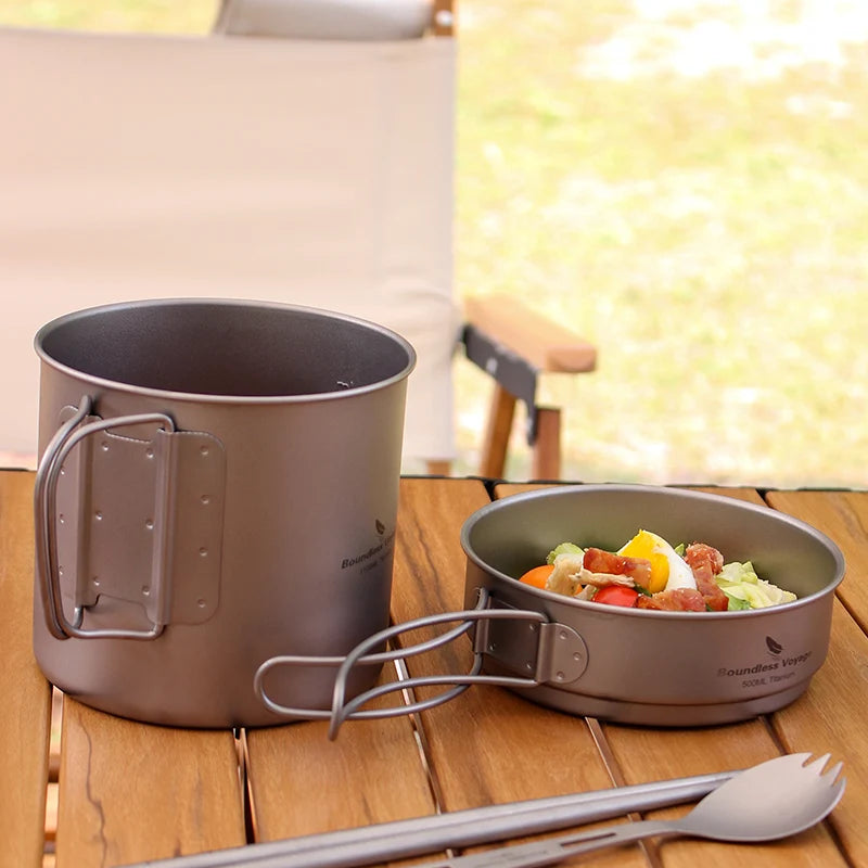 Boundless Voyage Camping Titanium Cup Pan Set Outdoor Cooking Pot Plate Mess Kit