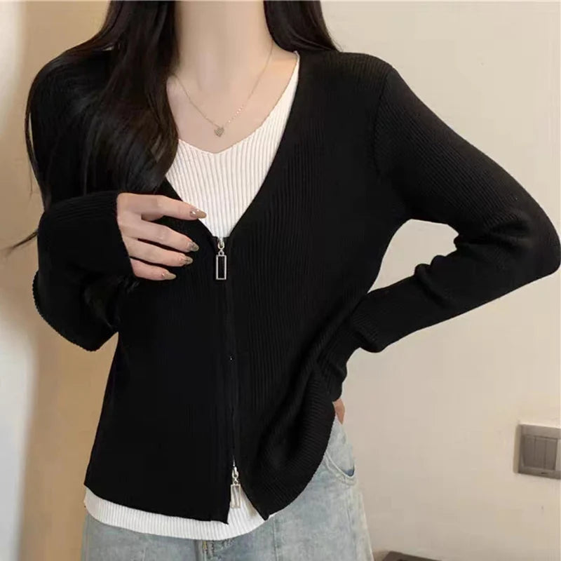 Mode valse tweedelige trui dames lente herfst mix kleur V-hals gebreid