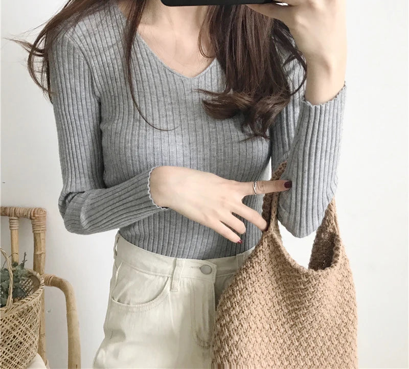 Heliar Dames V-hals Slim Sexy Trui Gebreid Lange Mouw Effen Onderkant Trui