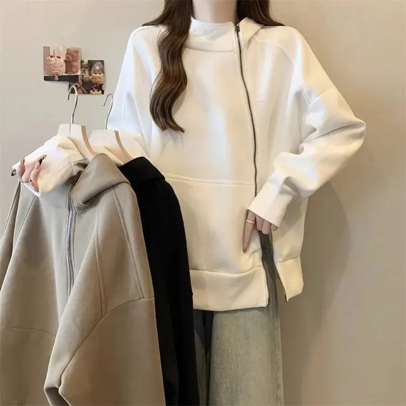 Plus Size Women Belly covering Hooded Diagonal Zipper Long sleeved Sweatshirt for Fat Girls Loose