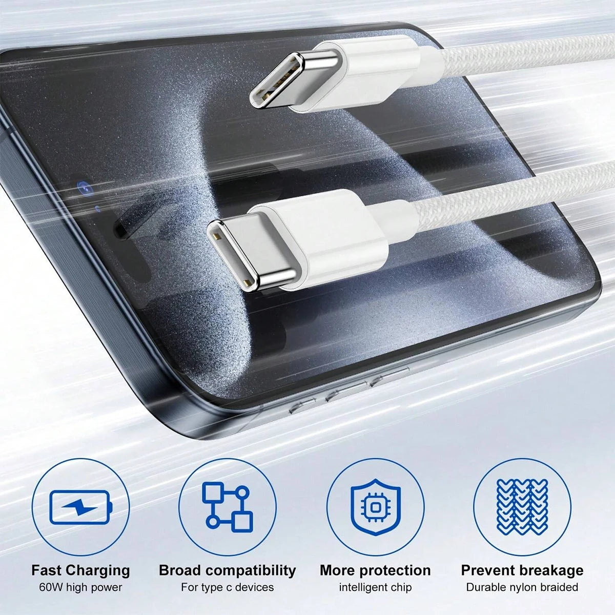 60W nylon gevlochten USB C naar USB C snellaadkabel voor iPhone 16, 15, Samsung