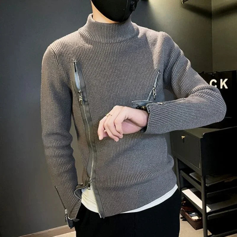 Motorcycle Men s Clothing Turtleneck Pullovers Zipper Knit Sweater Male High