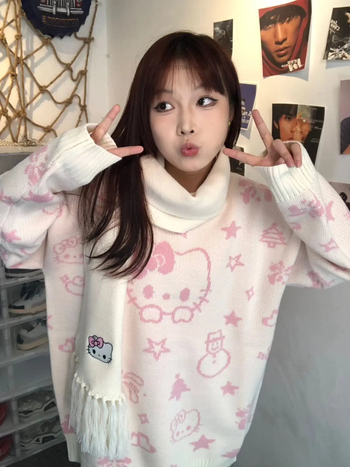 Kerst Hello Kitty schattige gebreide trui met sjaal voor vrouwen Y2k