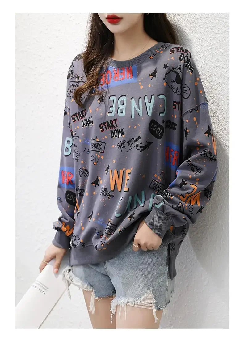 Classic Fashion Printing Letter Sweatshirts Women Long Sleeve Loose O collar Slim Casual All match