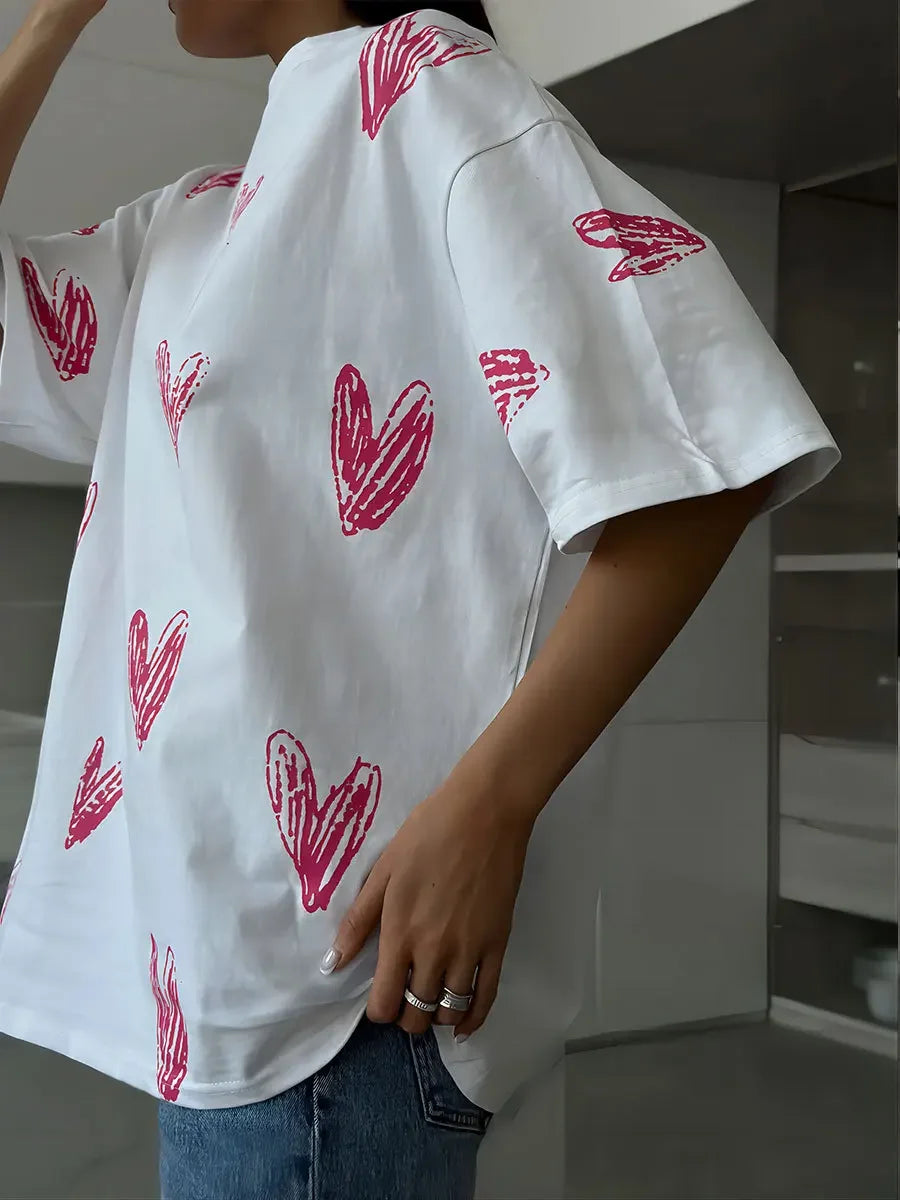 Bornladies Casual O-hals hartprint dames T-shirt zomer korte mouw los