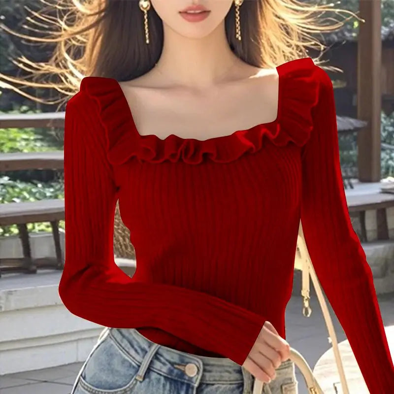 Женская одежда Осень Зима Однотонный пуловер с квадратным воротником и винтовой резьбой