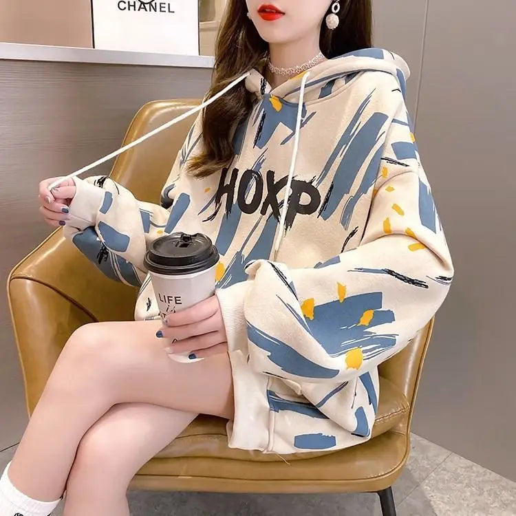 Hoodie met capuchon en flanellen stof voor dames, Koreaanse versie, losse top met middellange mouwen, jas in luie stijl