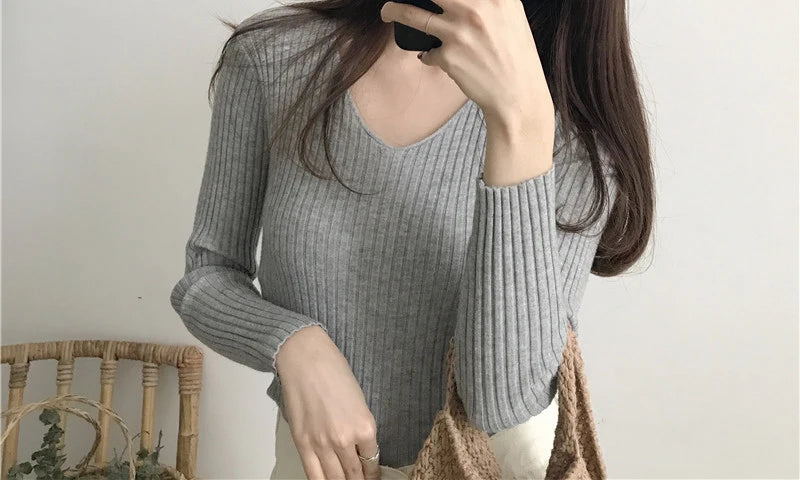 Heliar Dames V-hals Slim Sexy Trui Gebreid Lange Mouw Effen Onderkant Trui