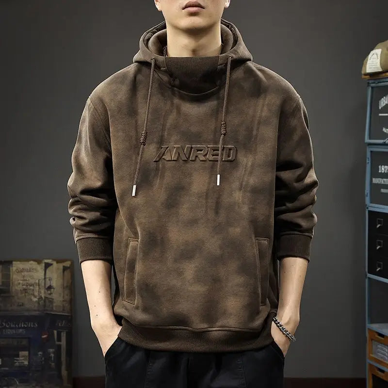 Men s Thick Hooded Sweatshirt High Neck Loose Korean Retro Style Casual Jacket