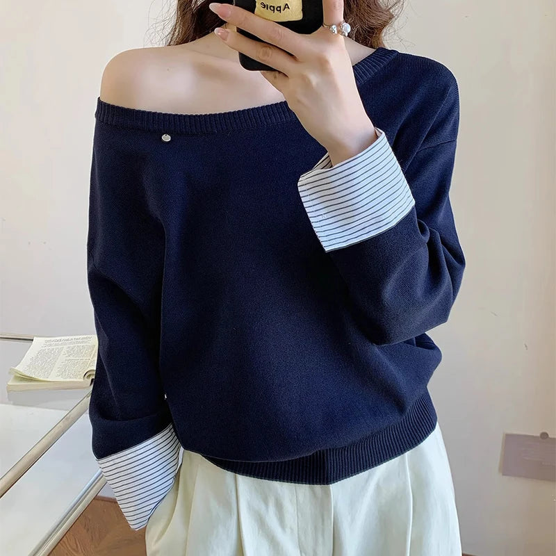 Полосатый свитер с плетением для женщин, модный свитер с открытыми плечами на весну и осень