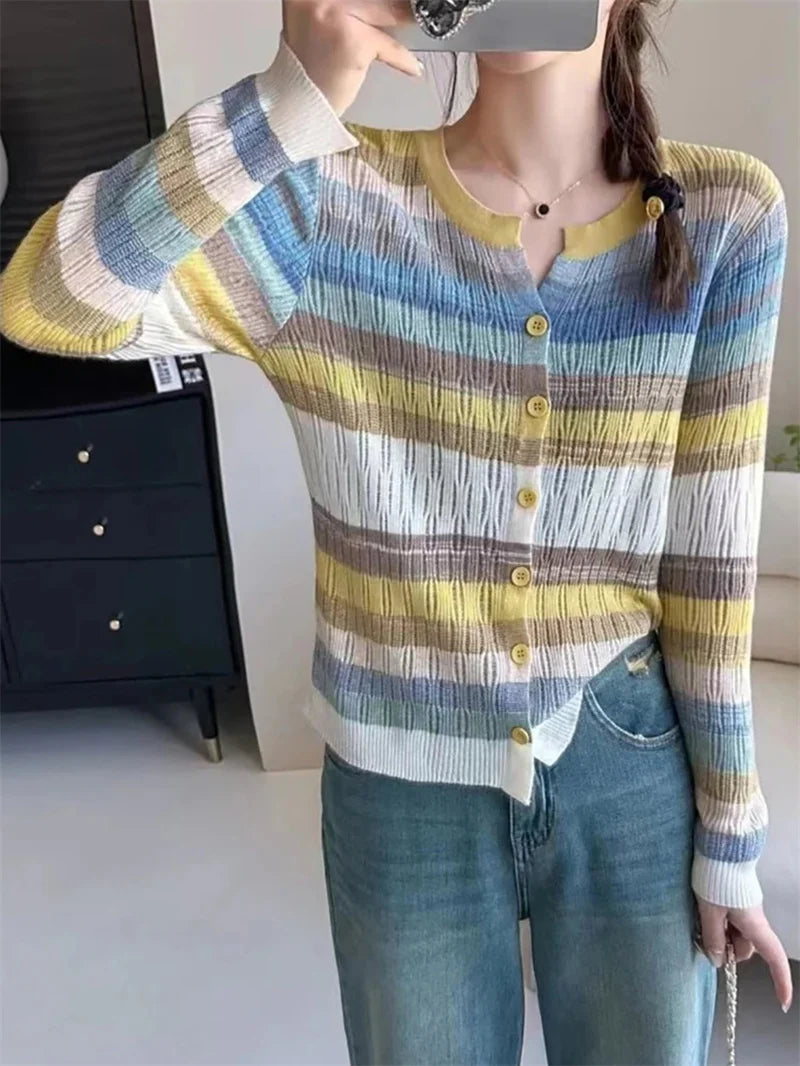 Herfst Dames Trui Koreaans Kort Mode Stikwerk gestreept Breiwerk Cardigan