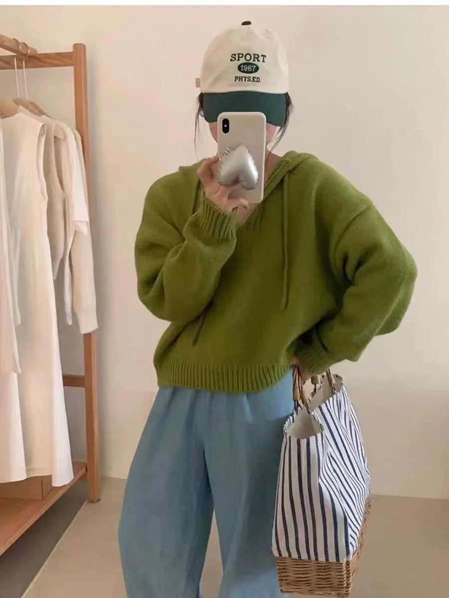 Koreaanse gebreide hoodie met capuchon, effen kleur, zachte en losse bedekking