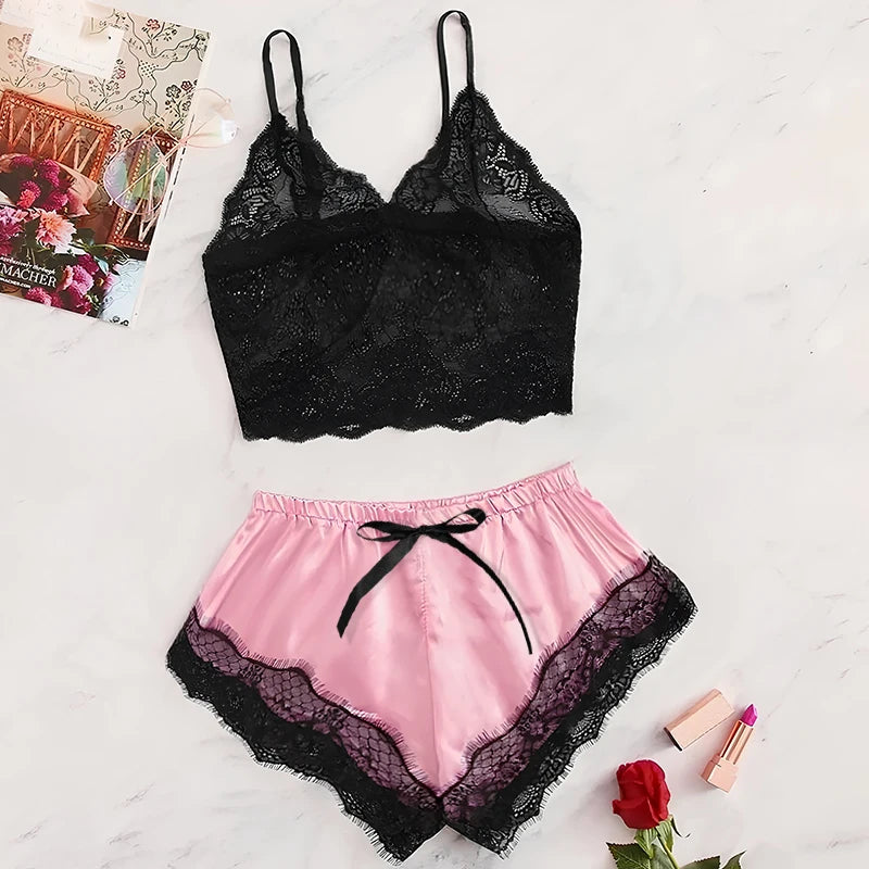 Summer 2 Pcs Women s Sexy Lace See Through Pajamas Black Pink Cute Clothes
