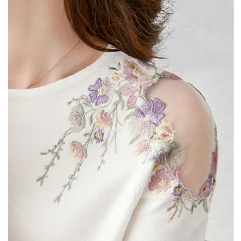 Летний вязаный свитер с цветочной вышивкой, женский пуловер, повседневная мода для женщин