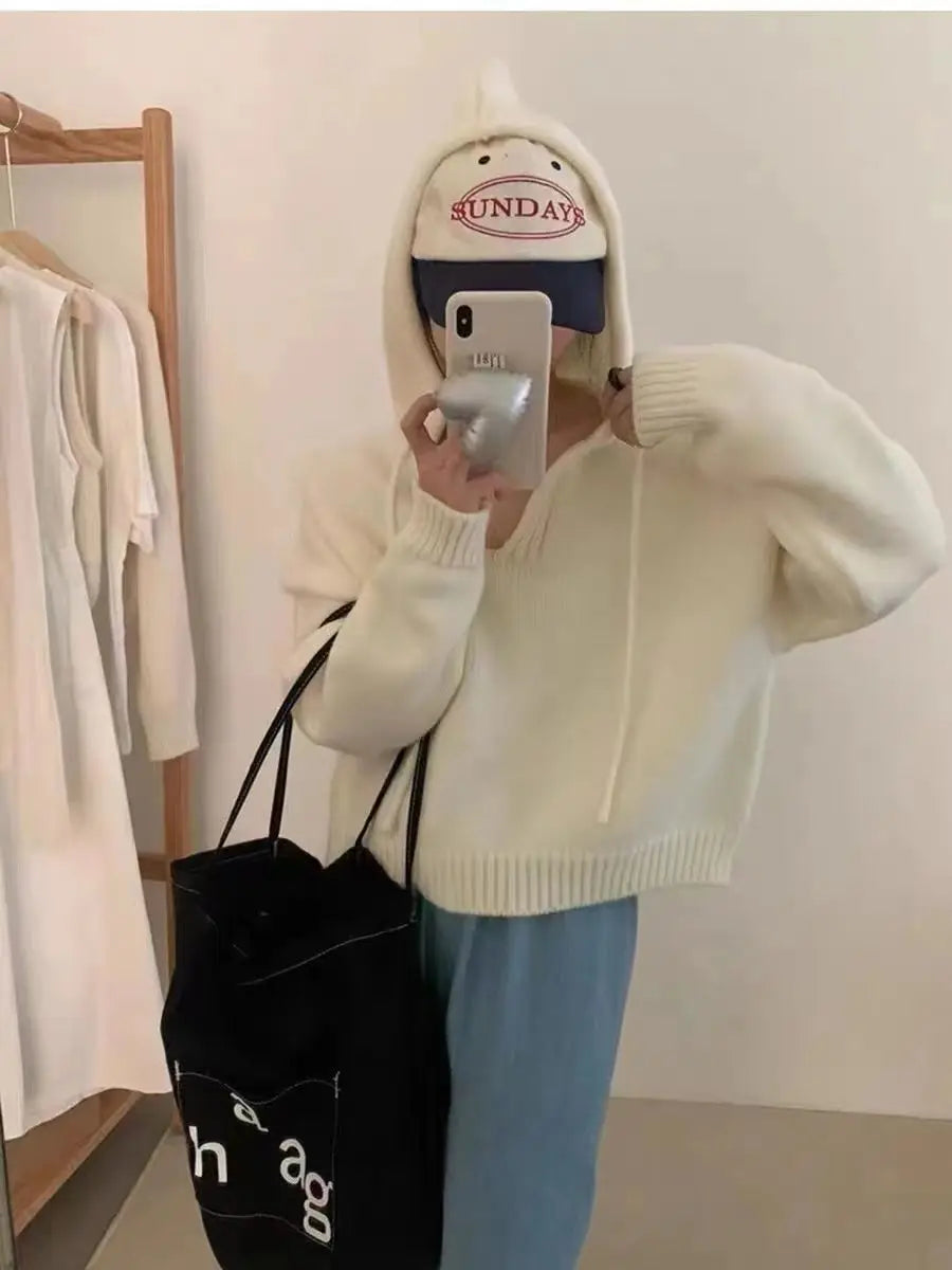 Koreaanse gebreide hoodie met capuchon, effen kleur, zachte en losse bedekking