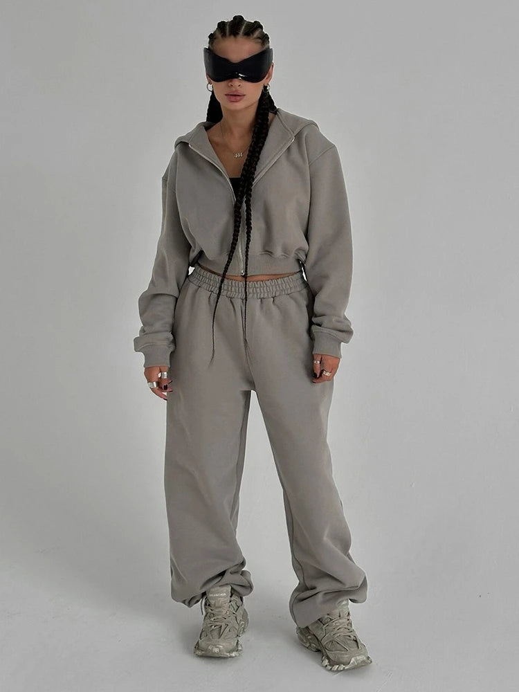 Bornladies Dames Cropped Hoodie Sweatpants Set Losse Trekkoord Taille Ritssluiting