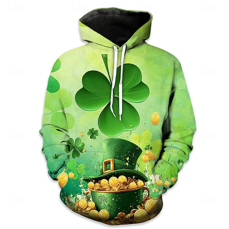 Men Hoodies St. Patricks Day Clothing 3D Print Green Clover Hat Graphic Hooded