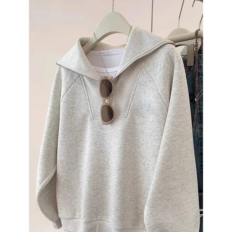 Large Size Age-reducing Cartoon Half-zipper Plus Velvet Sweatshirt Coat  Women Loose Slim Jacket