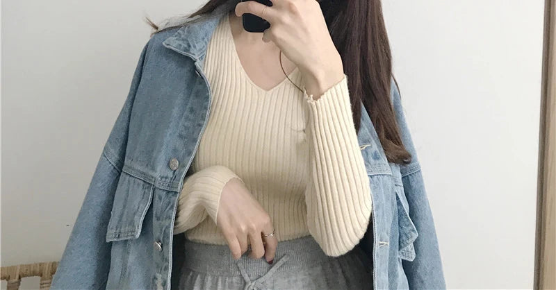 Heliar Dames V-hals Slim Sexy Trui Gebreid Lange Mouw Effen Onderkant Trui