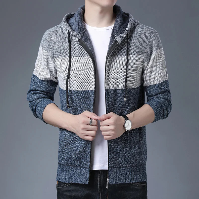 Men s Casual High Neck Long Sleeve Knitted Hoodie Coat Velvet Warmth Autumn Winter Fashion Multi