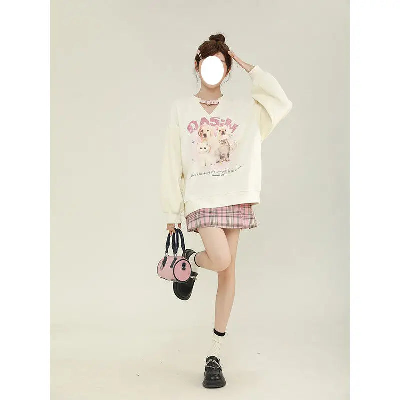 College-stijl schattige bedrukte fleece hoodie met lange mouwen voor dames en uniek ontwerp Sense Niche Loose