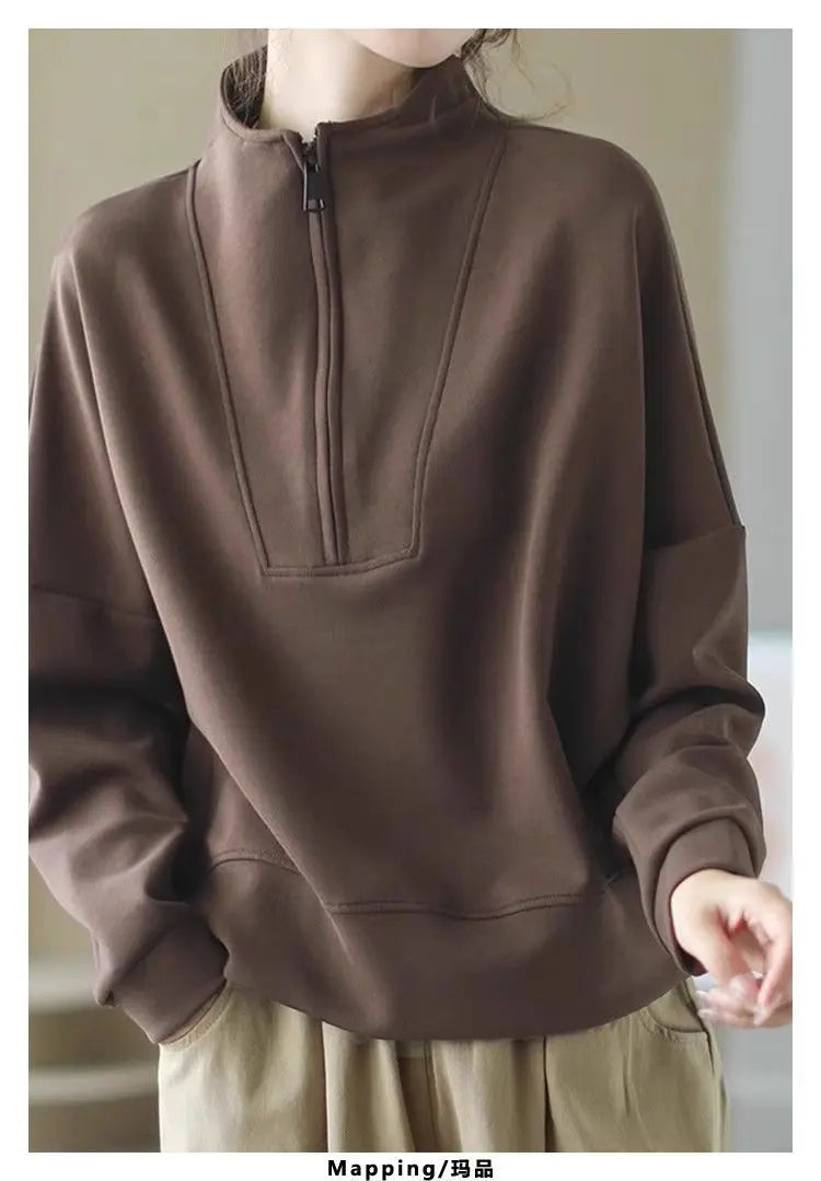 Fashionable and Casual Stand up Collar Sweatshirt Women in Spring and Autumn Loose Semi zipper