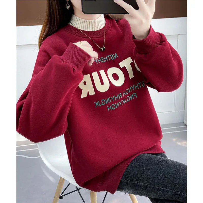 Dames Winter Koreaanse Letter Gedrukt Halfhoge Kraag Dikke Warme Streetwear Sweatshirt Vrouwelijke Casual