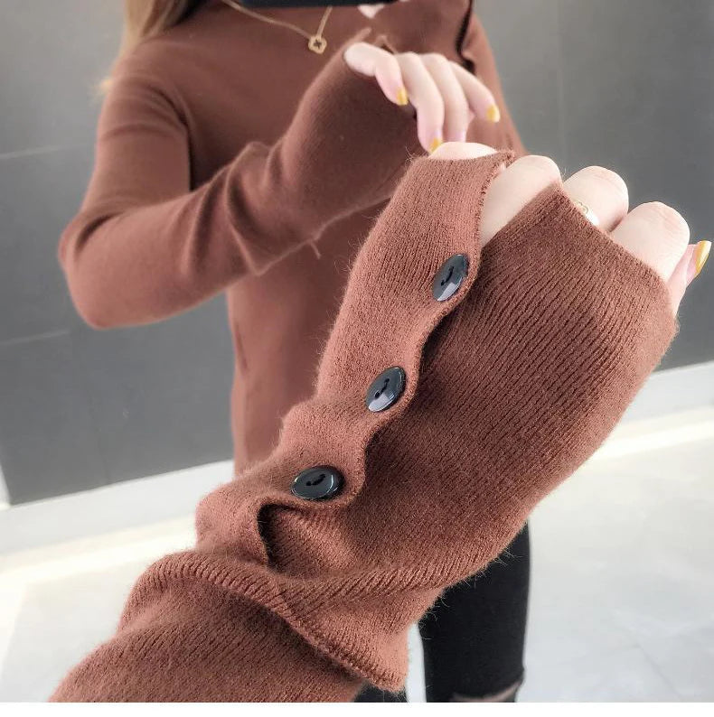 Heliar Dames Turtleneck Knopen Effen Warme Trui Lange Mouw Gebreid Basic