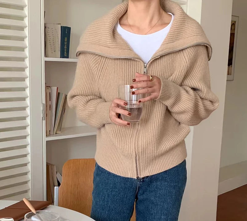 Heliar Dames Rits Cardigan Trui Omslagkraag Effen Gebreid Los Casual