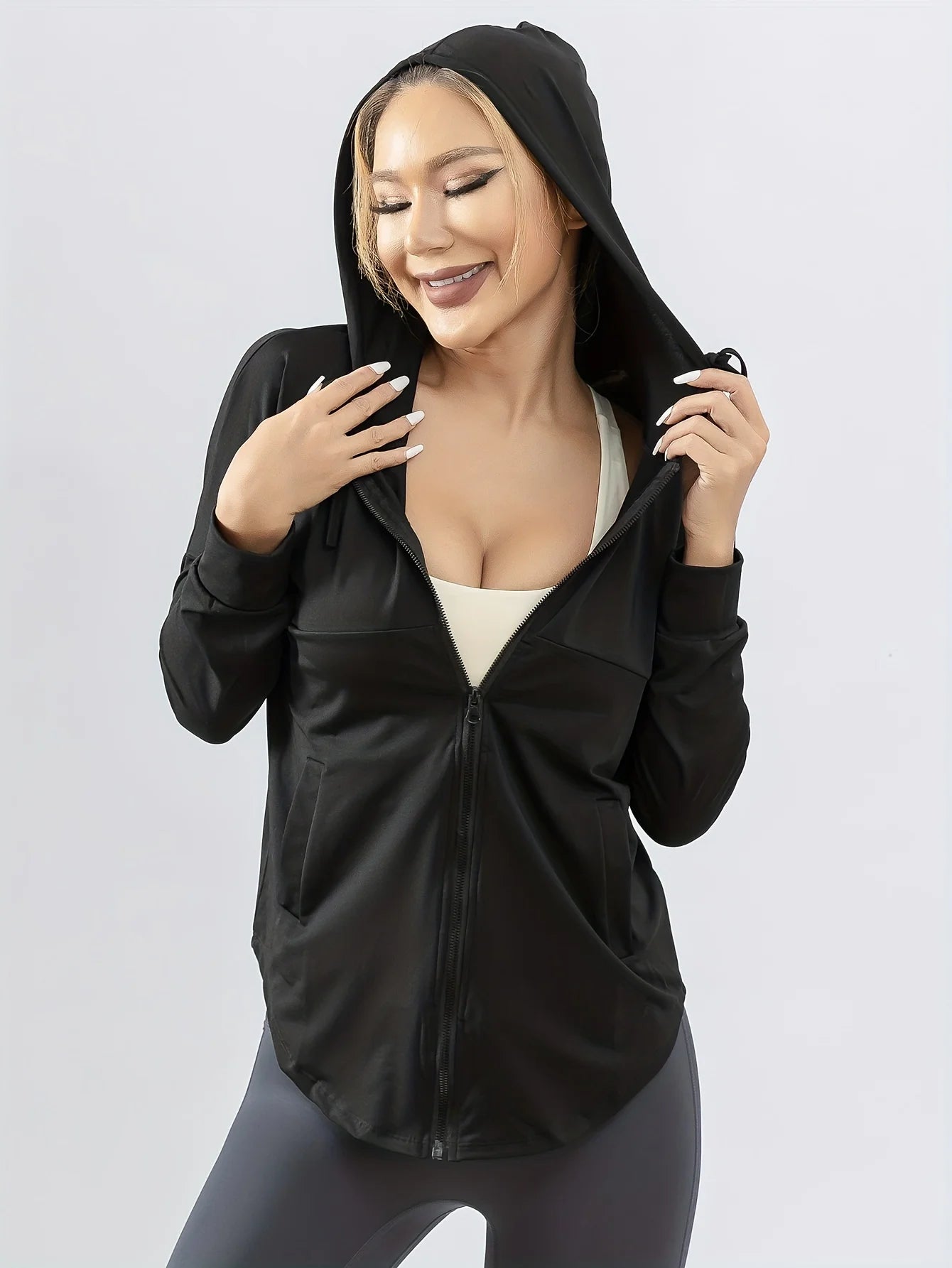 Sportjas met capuchon voor dames, los hardloopjack, grote maat, fitnesskleding, sneldrogend