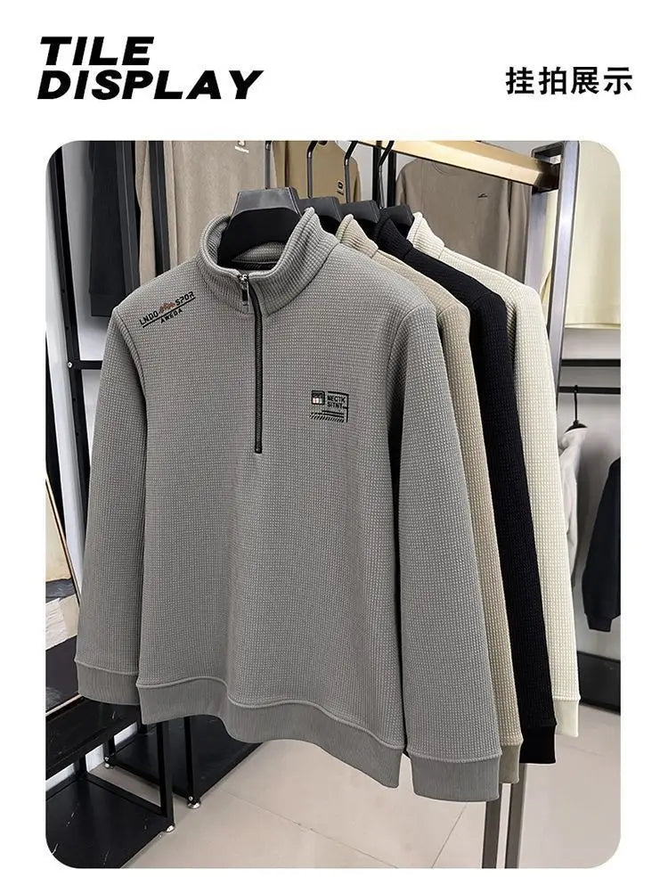 Men s Fleece Liner Sweatshirts Vintage Half Zipper Print Plaid Texture Thick Wool Warm Pullover