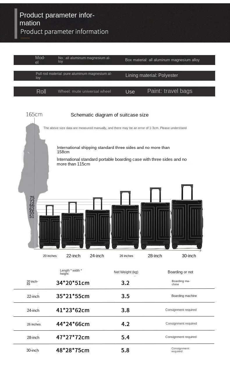 20 24 26 30 Inch Aluminum Trolley Suitcase Waterproof Metallic Cabin Luggage