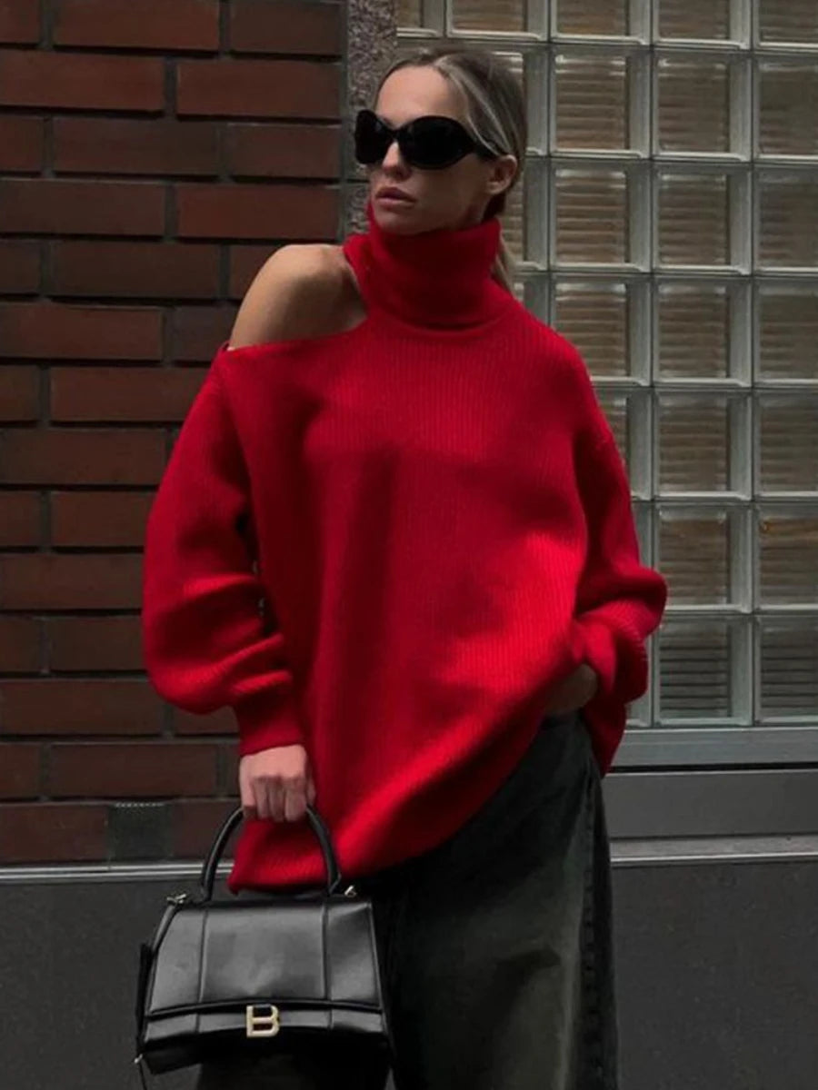 Bornladies Dames coltrui met uitgesneden schouders, lange mouwen en geribbelde breisels