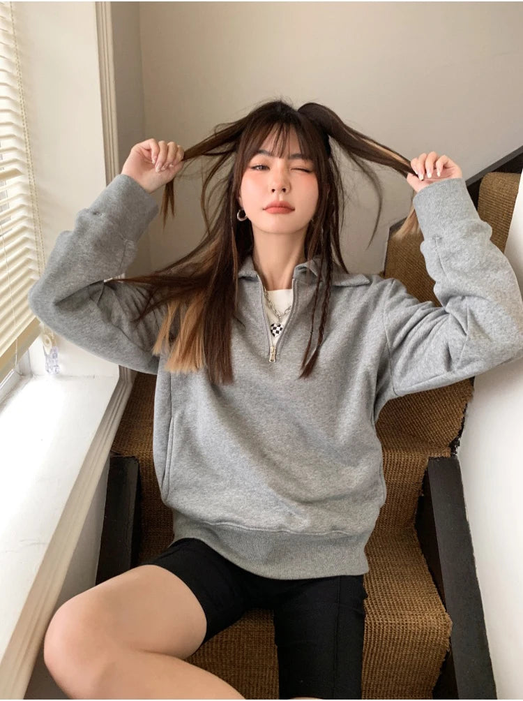 Herfst Winter BM Collar Polo Hoodie met rits voor dames met dikke fluweel en losse capuchon