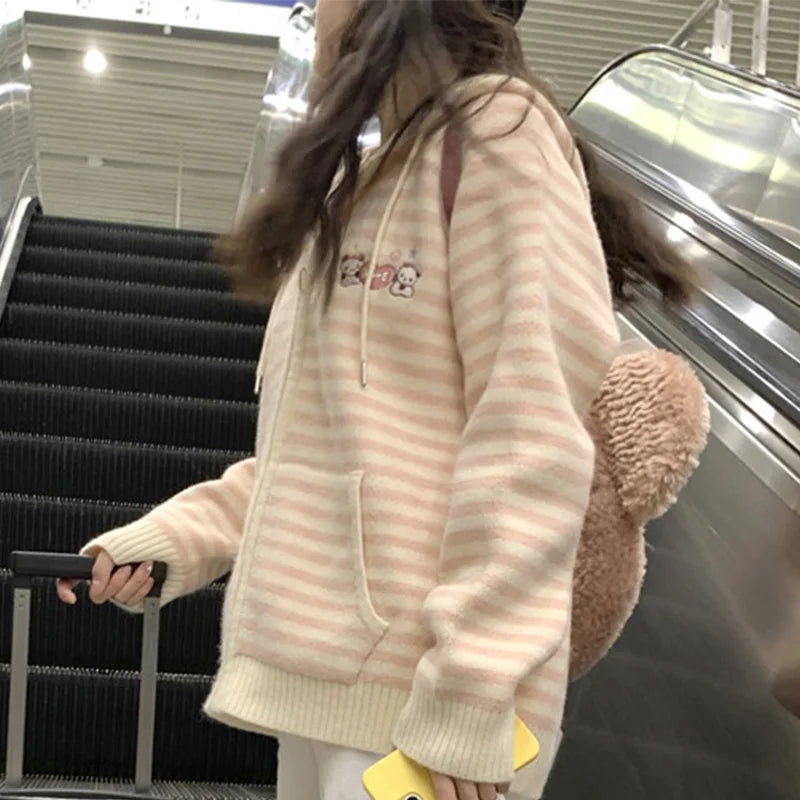 Zoete gemengde kleuren gestreepte cardigan voor dames, herfst/winter, schattige cartoonberen
