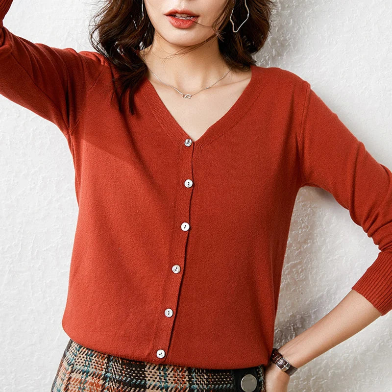 Enkelrijs V-hals Trui Cardigans Dames Basic Effen Kleur Lange Mouw