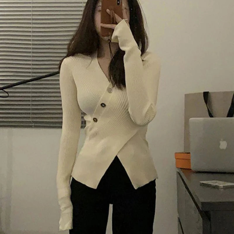 Sexy Slim Fit V-hals Trui Dames Herfst Winter Split Lange Mouw Gebreid