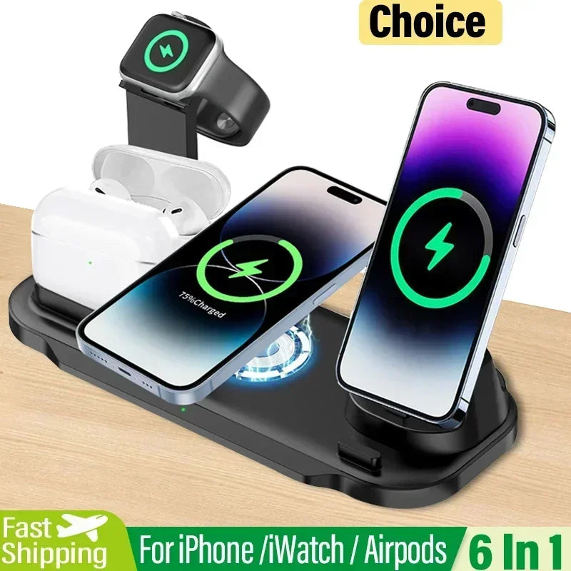 6-in-1 15W draadloze opladerstandaard voor iPhone 16, 15, 14, Samsung, Xiaomi, Apple