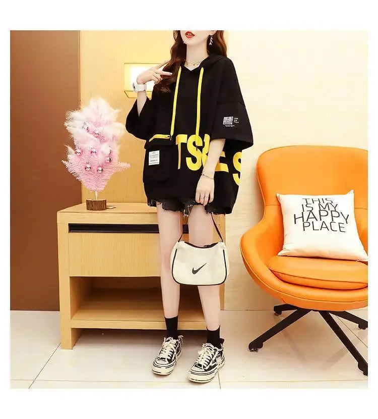 Zomerse hoodie met capuchon, halflange mouwen, dames, casual, losvallend