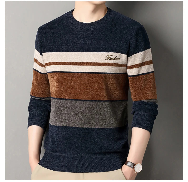Mens Chenille Sweaters Fashion Knitting Pullover Striped Men s Autumn Winter Top Clothes Round