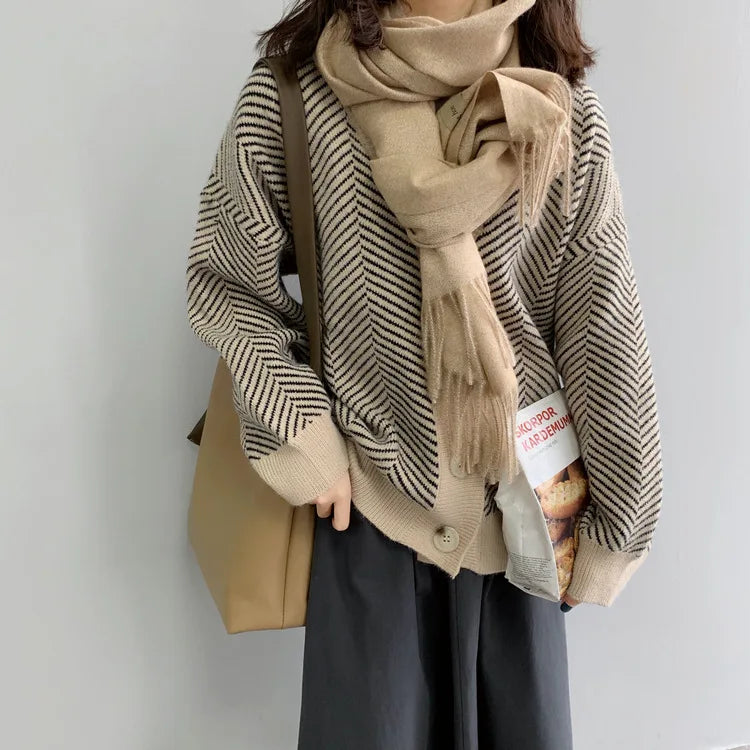 Bornladies Dames Trui Herfst Winter V-hals Gestreept Losvallend Cardigan