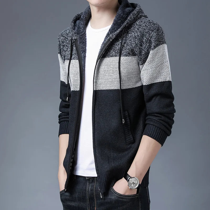 Men s Casual High Neck Long Sleeve Knitted Hoodie Coat Velvet Warmth Autumn Winter Fashion Multi