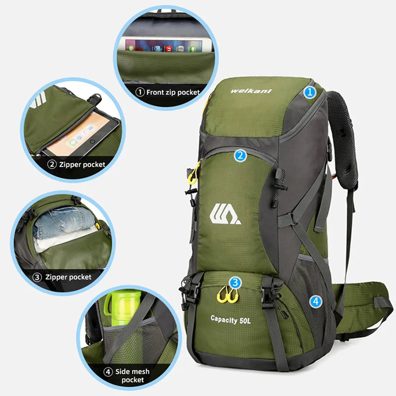 50L Travel Backpack Camping Men Large Hiking Bag Tourist Rucksack Waterproof