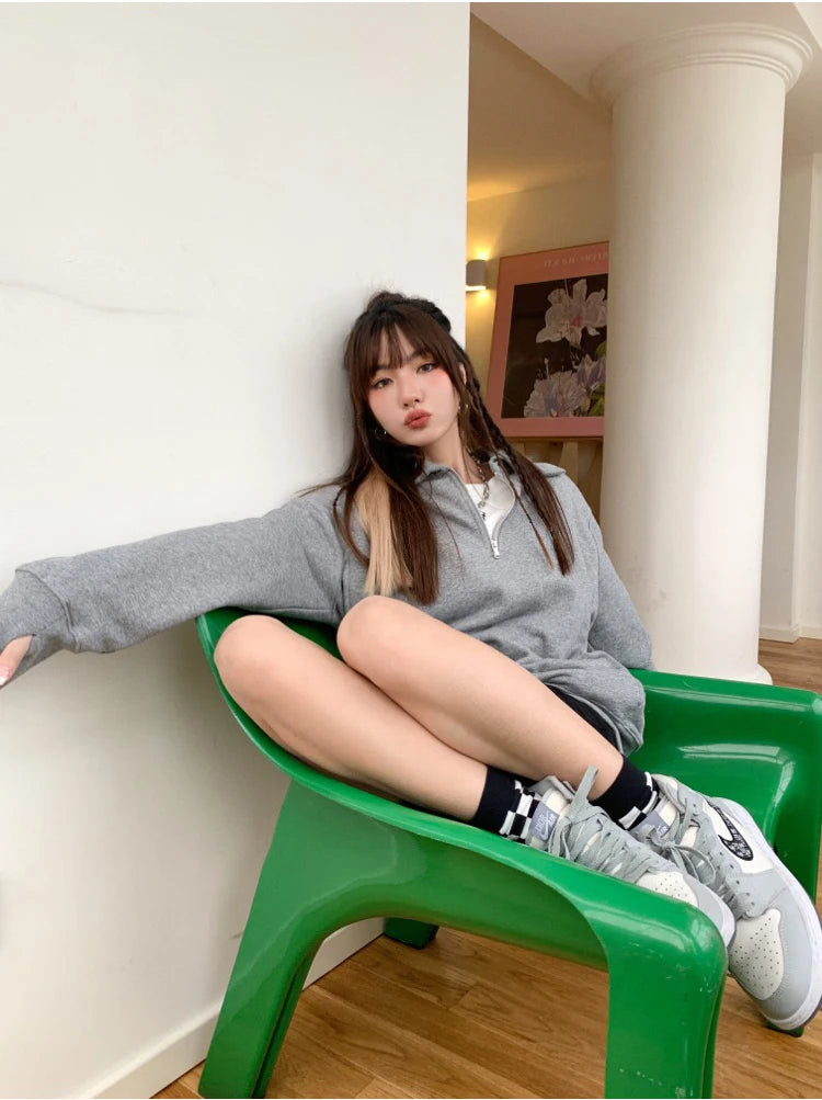 Herfst Winter BM Collar Polo Hoodie met rits voor dames met dikke fluweel en losse capuchon