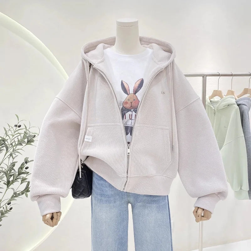 Ritsjack met capuchon, eenvoudig geborduurde letters, losse effen kleur, cardigan, trui, damestop