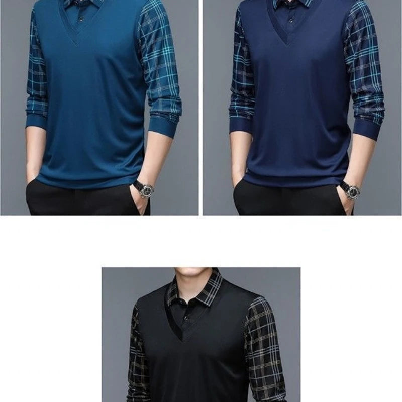 Spring Long Sleeve Polo Men s T shirt Turn down Collar Loose Solid Plaid Fashion