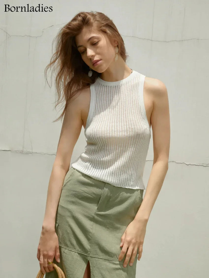 Bornladies Fashion Witte Wol Doorschijnende Dames Tanks Tops Outfit Mouwloos