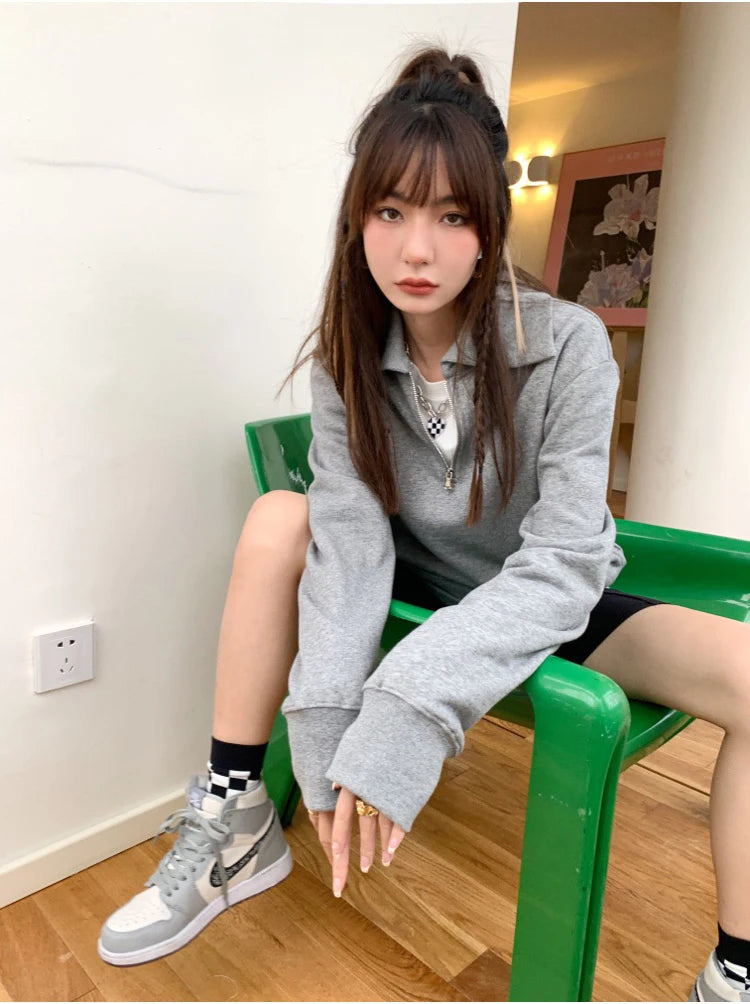 Herfst Winter BM Collar Polo Hoodie met rits voor dames met dikke fluweel en losse capuchon