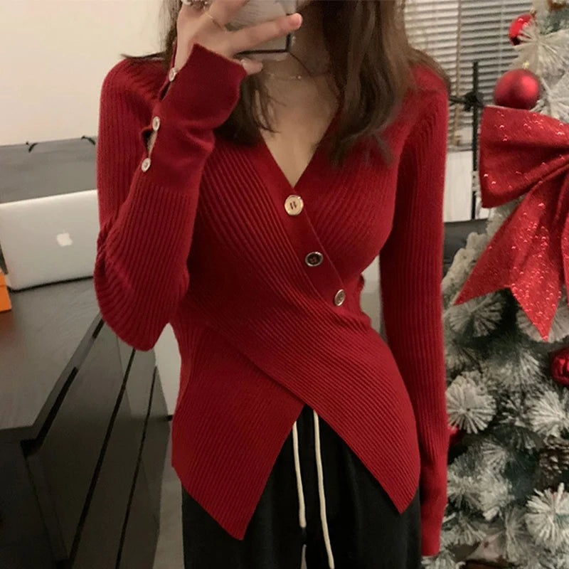 Sexy Slim Fit V-hals Trui Dames Herfst Winter Split Lange Mouw Gebreid