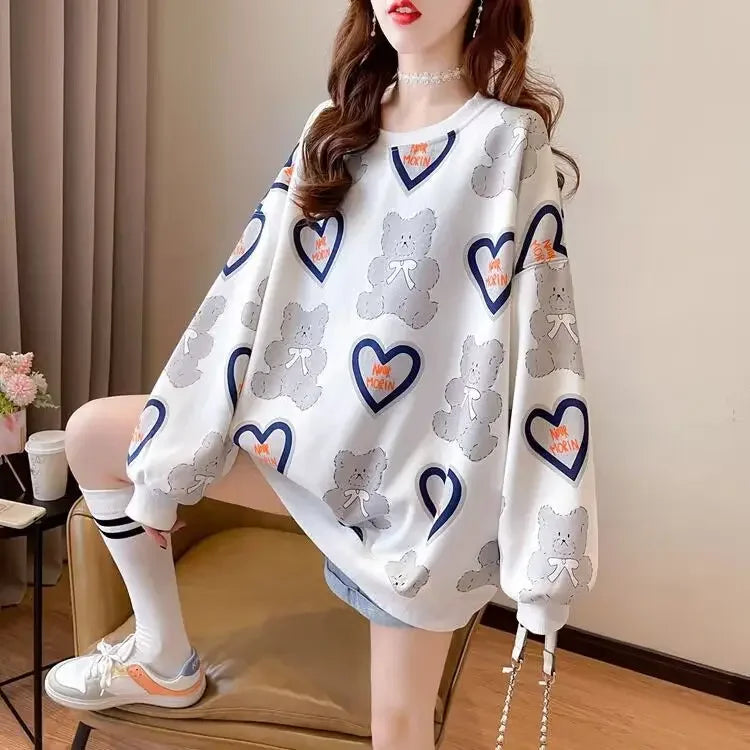 Hoodie Dames Lange Mouw Middellange Ronde Hals Losse en Veelzijdige Western-stijl Bedrukte Top voor